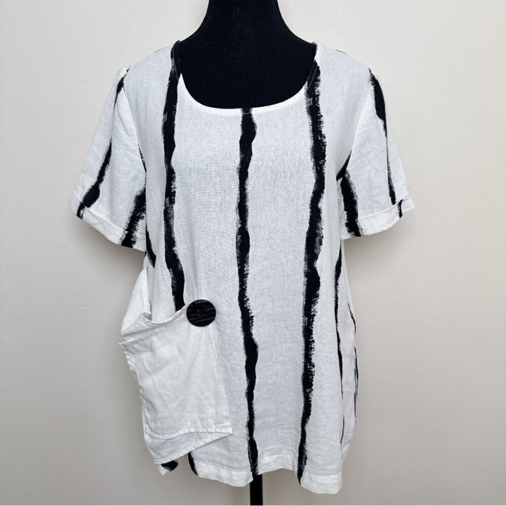 Compli K Womens Small Linen Striped Short Sleeve Lagenlook Patch Pocket Top